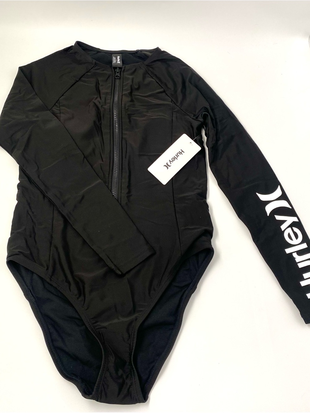 NWT Hurley Black Zip-Front Long Sleeve One-Piece Rash Guard Swim Suit - S